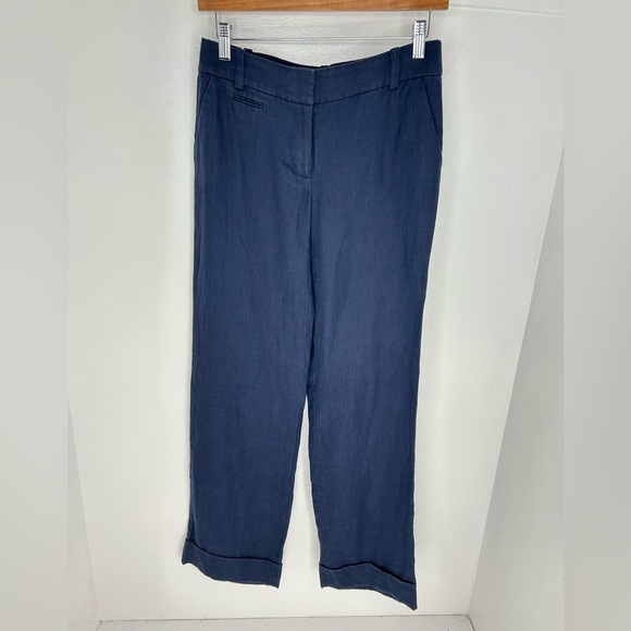 J. Crew Cafe Trouser 100% Linen Pants Size 0 Linen Herringbone Navy Blue Office - Picture 2 of 14